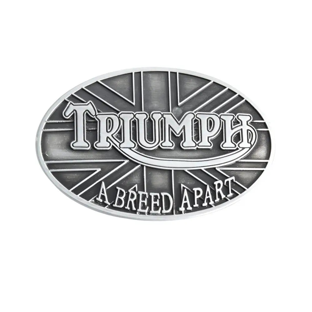 Oval Triumph logo on a stylish belt buckle and cufflinks in Triumph-Themed product