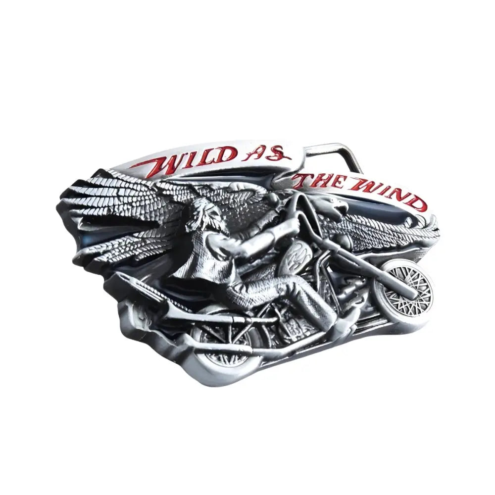 Silver finish motorcycle belt buckle featuring rider and wings design for biker accessories