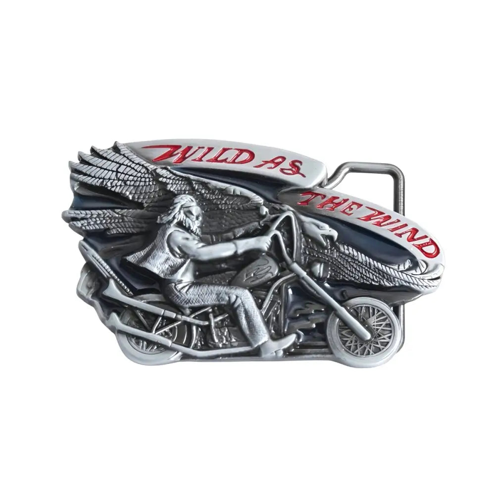 Silver finish motorcycle belt buckle featuring rider and wings design for enthusiasts