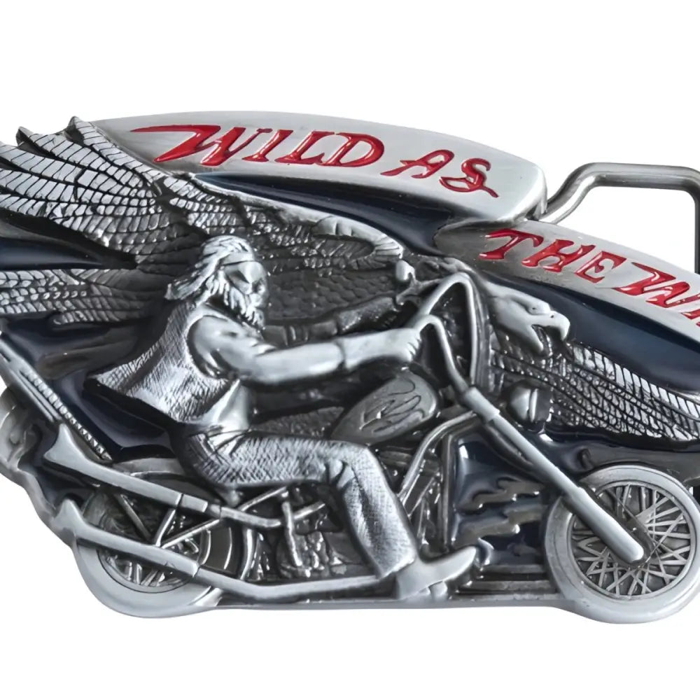 Silver belt buckle featuring a motorcyclist with wings for Motorcycle Belt Buckle with Rider and Wings