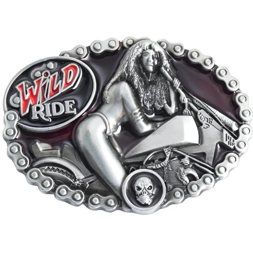 Silver Motorcycle Belt Buckle with Wild Ride theme featuring a woman design