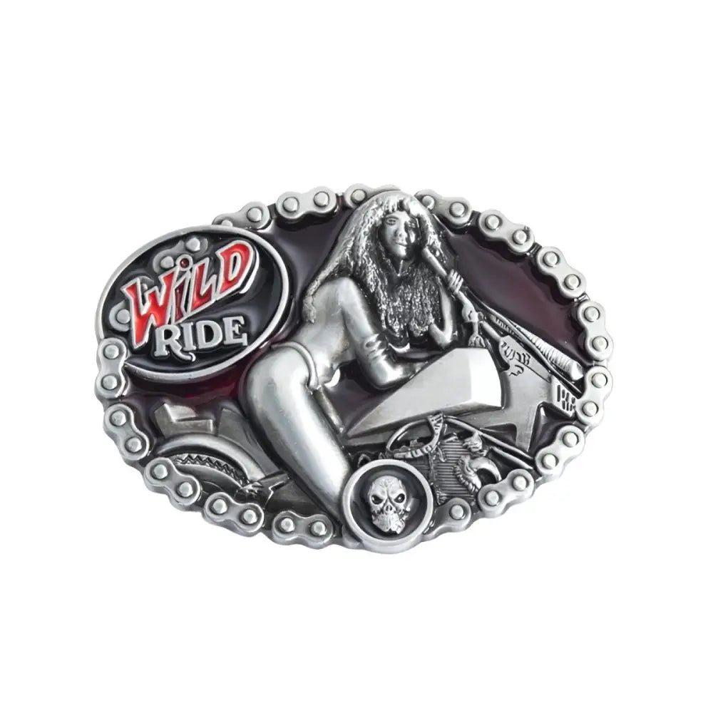 Silver-toned belt buckle featuring a motorcycle and woman with wild ride theme
