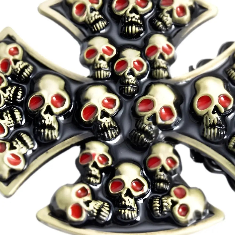 Multiple skull Maltese cross belt buckle with a striking skull-covered design