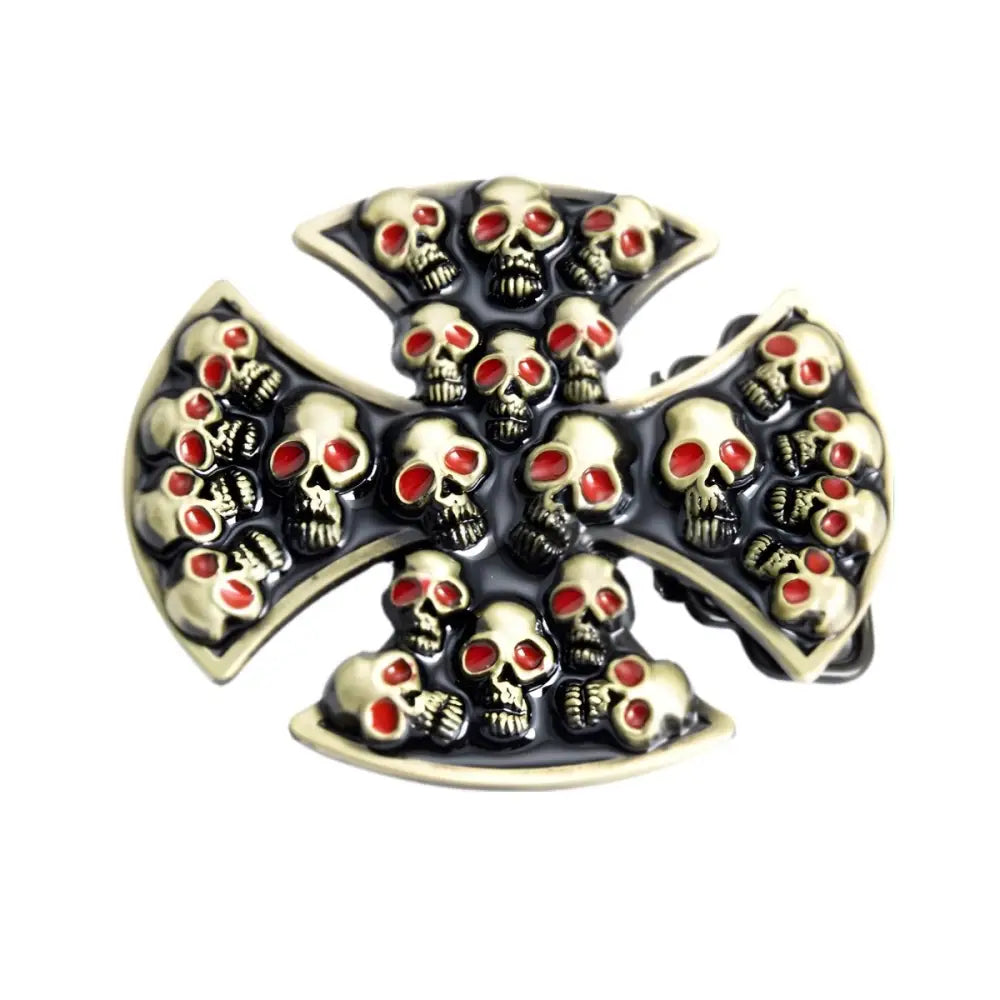 Multiple skull Maltese cross belt buckle with a bold style design for fashion