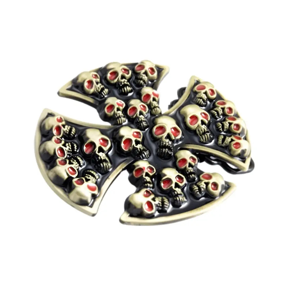 Multiple skull Maltese cross belt buckle with skull-covered design for a bold style