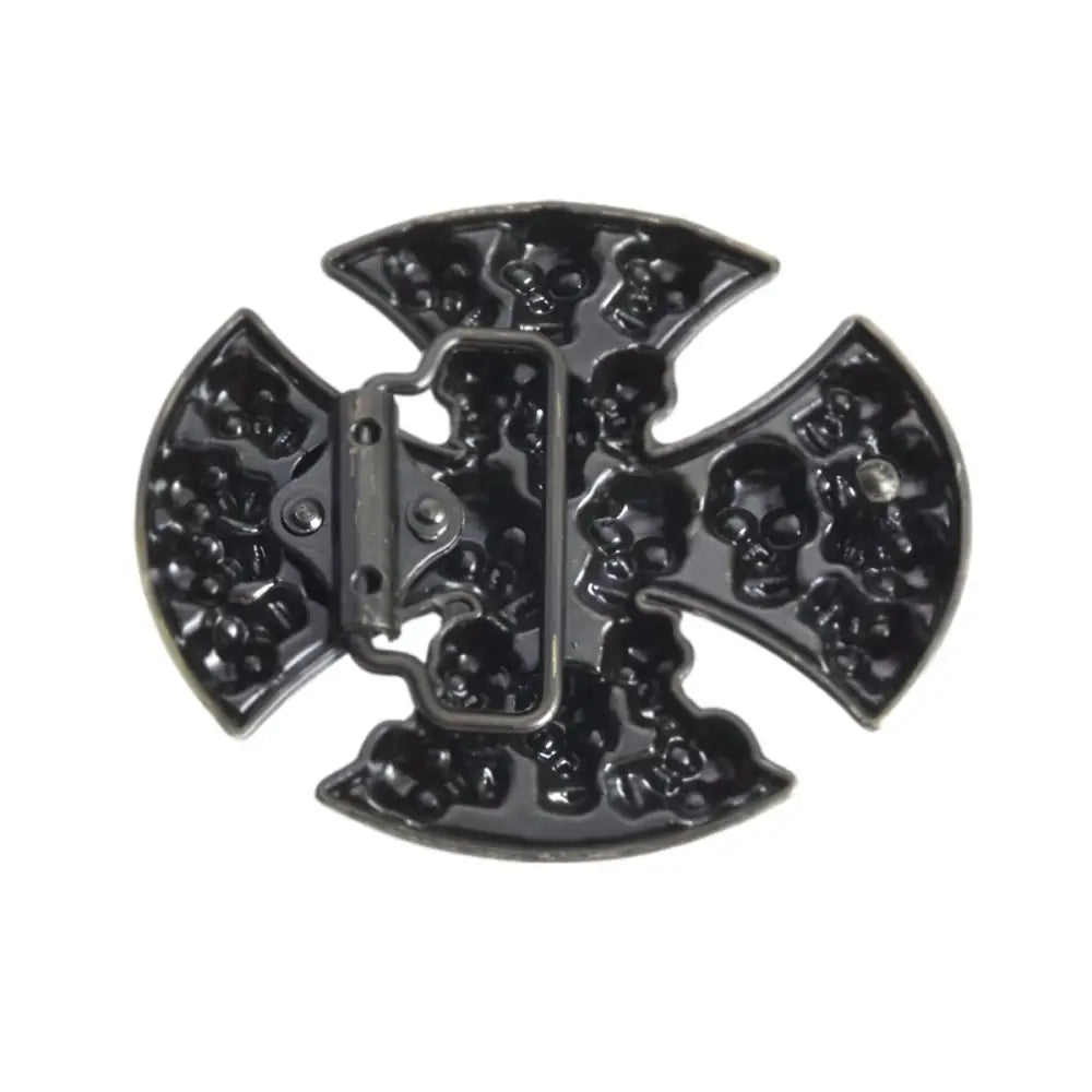 Black skull-covered cross belt buckle featuring a bold multiple skull design for a striking style