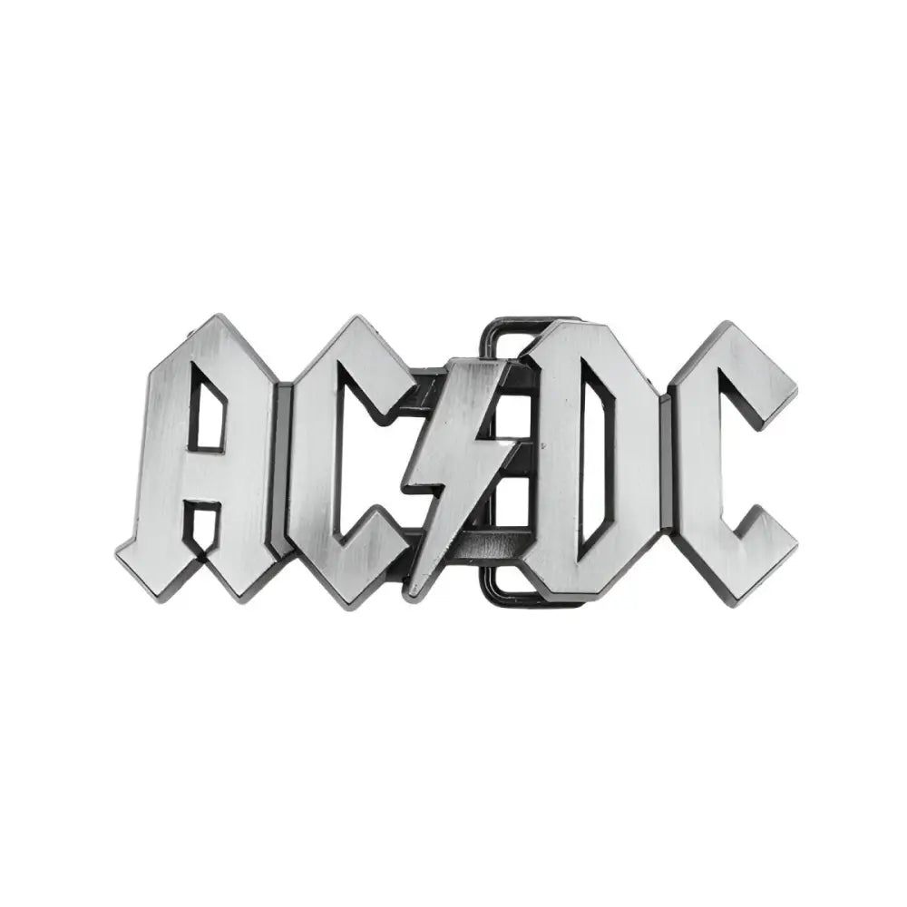 Silver AC/DC belt buckle for metal and rock music fans, perfect accessory for enthusiasts