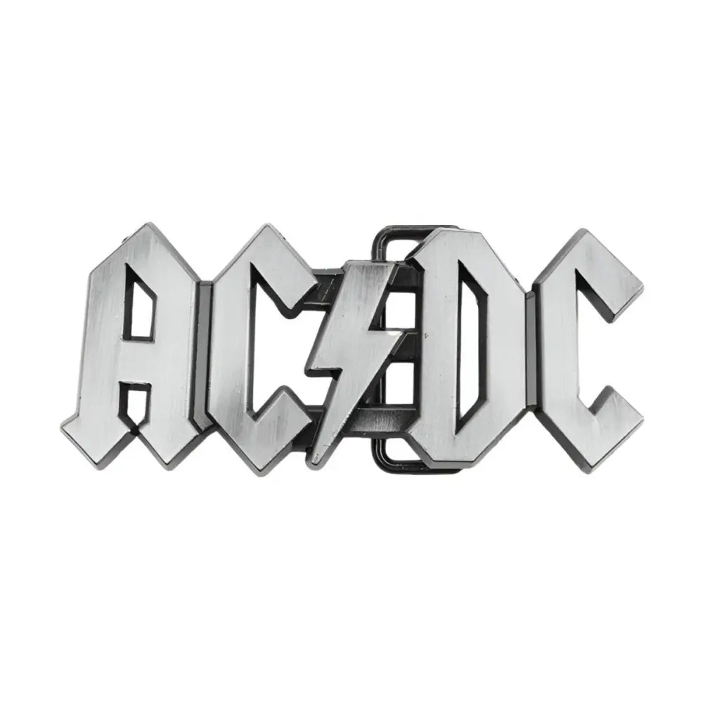 Silver AC/DC belt buckle for metal and rock music fans featuring iconic band design