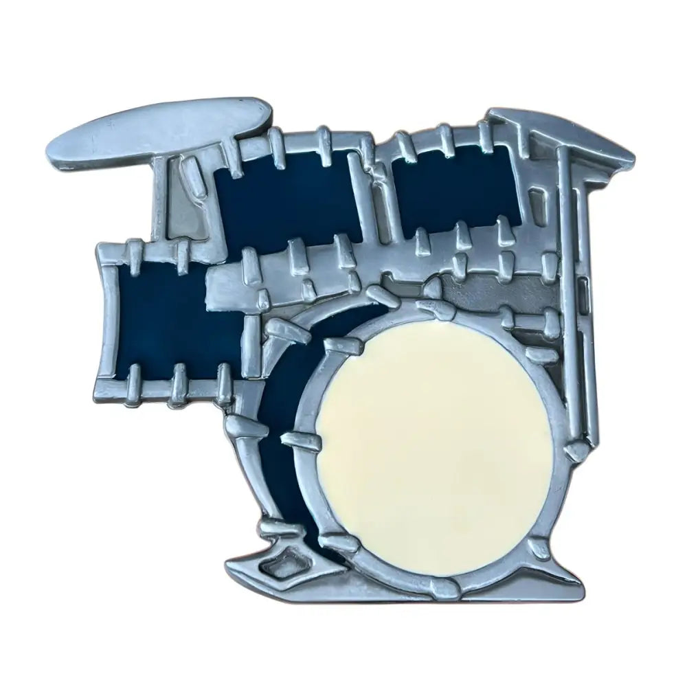 Stylized silver drum set pin for Ethan Drum Music and drum music belt accessory