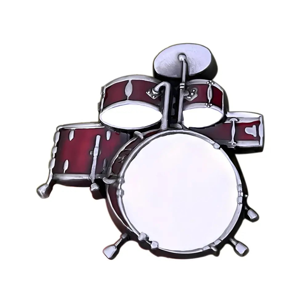 Miniature drum set with maroon and silver drum-shaped belt buckle for music fans