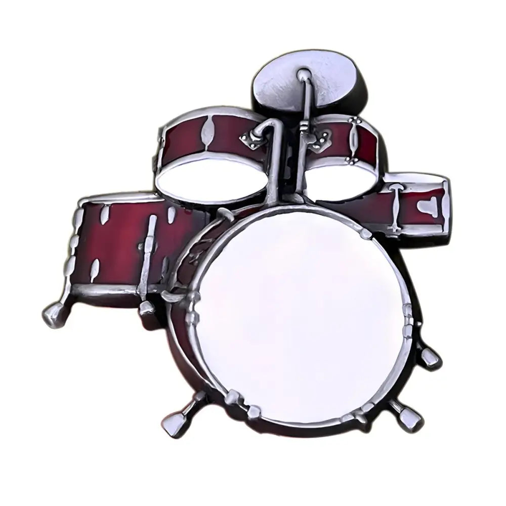 Miniature drum set featuring maroon and silver drum-shaped belt buckle design