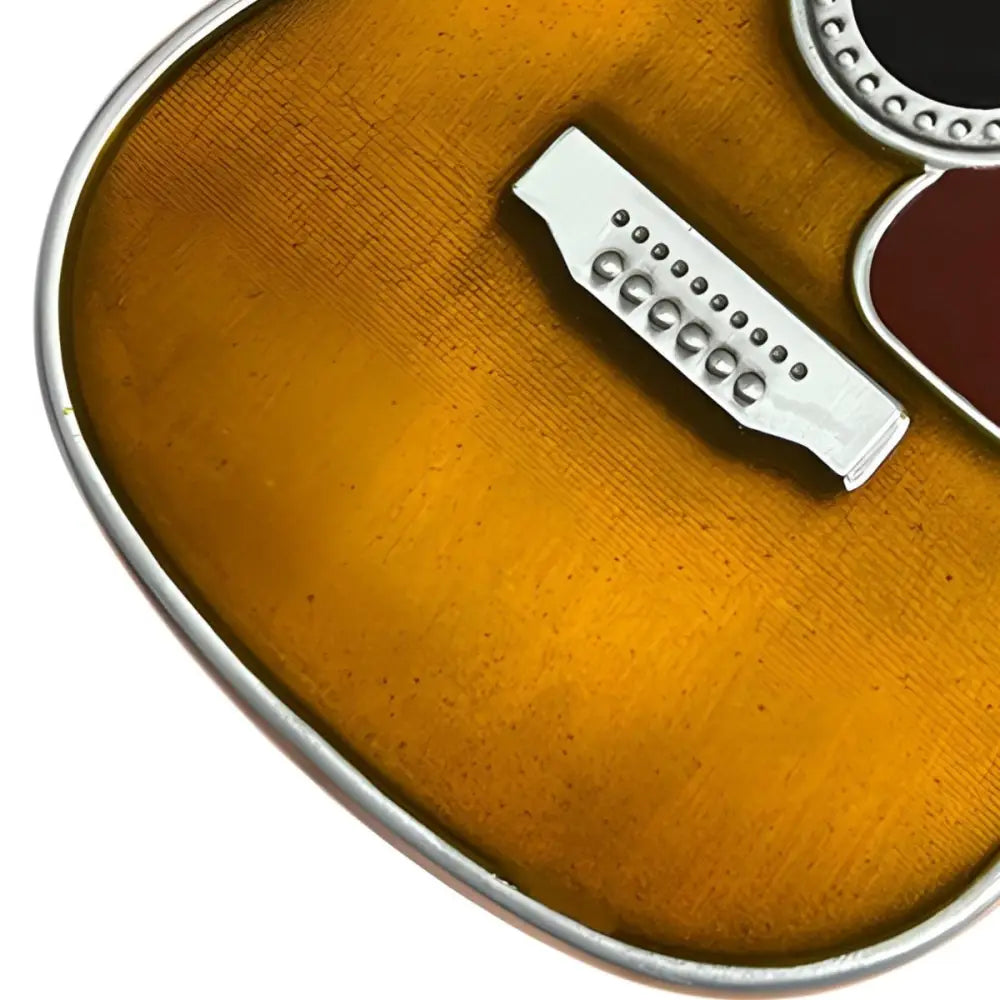 Acoustic guitar body with bridge belt buckle designed for music enthusiasts