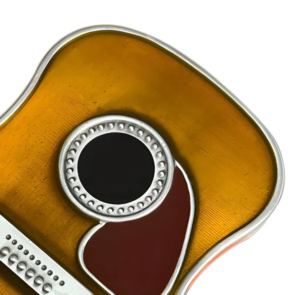 Guitar-shaped belt buckle with silver trim ideal for music enthusiasts