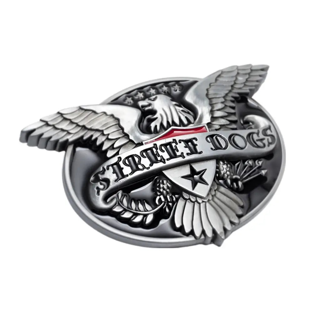 Silver eagle belt buckle featuring Dogs Music emblem for street dogs music enthusiasts