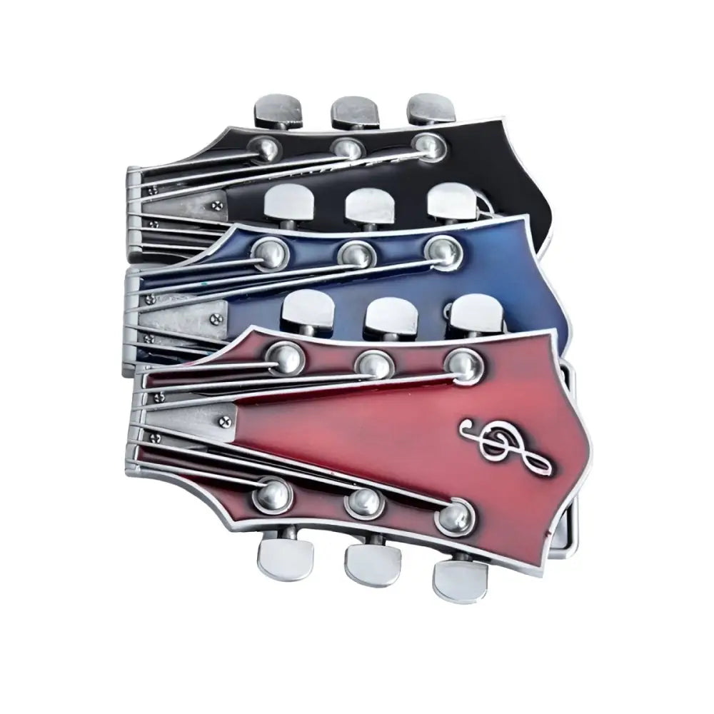 Stacked Blue Guitar Headstock Belt Buckle featuring detailed guitar headstock design