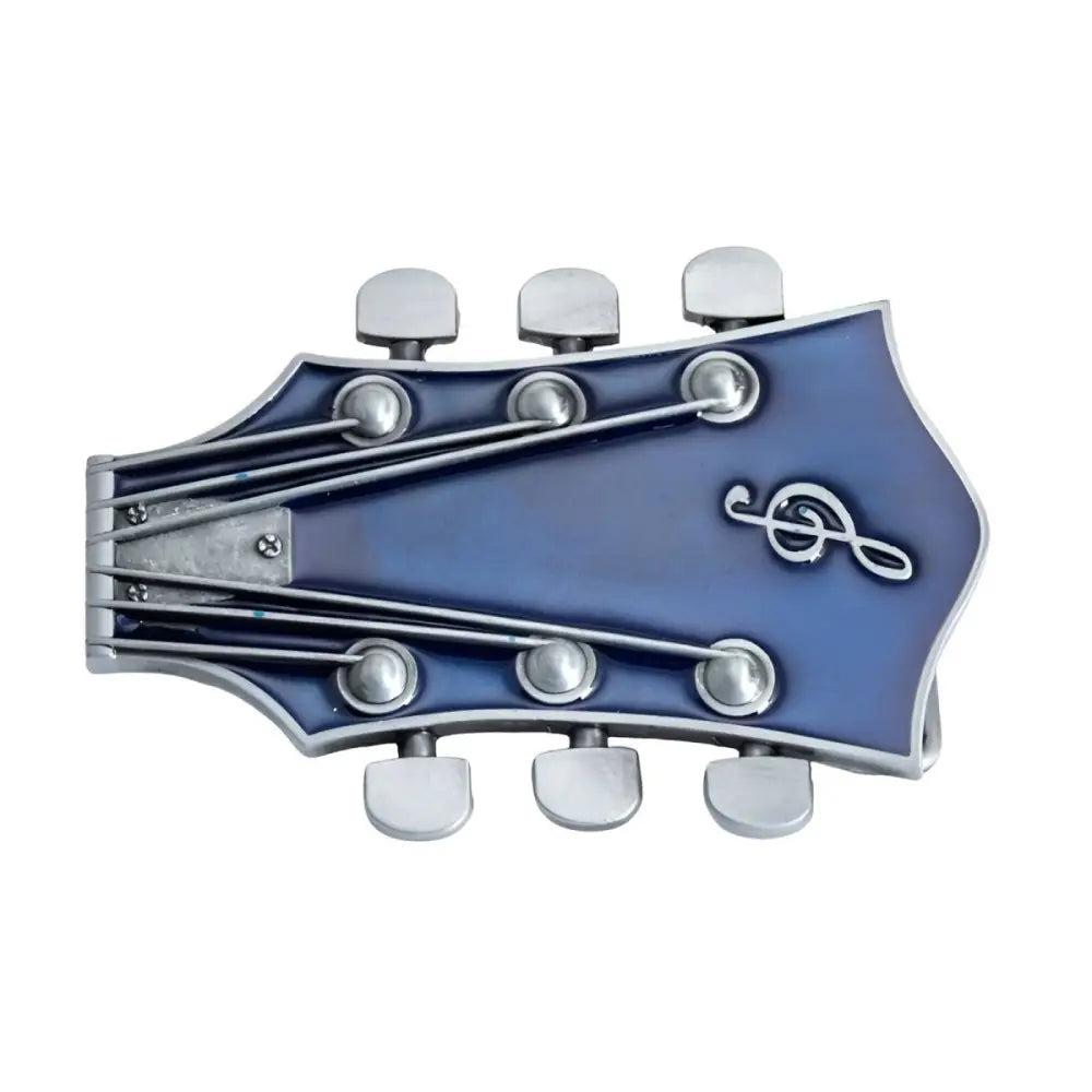 Blue guitar headstock belt buckle displayed as a stylish accessory for music enthusiasts