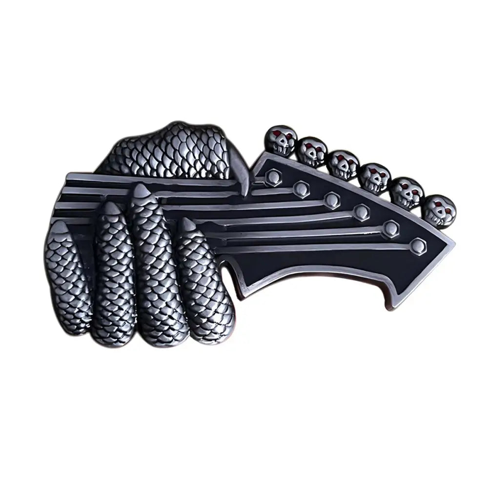 Silver Dragon Claw belt buckle featuring guitar head music design with skull accents