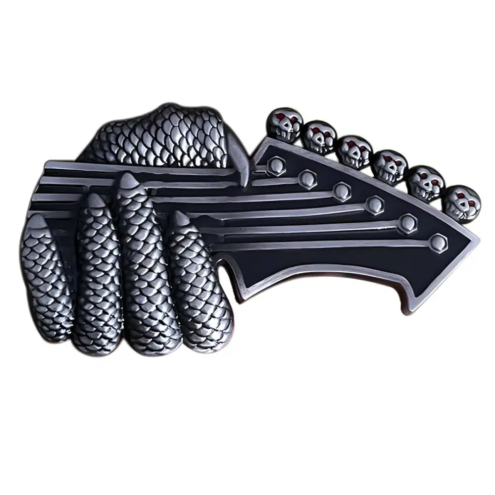 Metal guitar-shaped belt buckle with skull accents from Silver Dragon Claw Head Music Belt