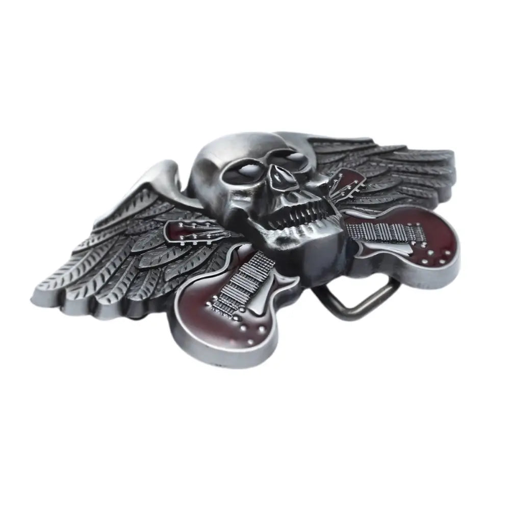 Silver skull belt buckle with wings and guitars, perfect statement piece for rock music fans