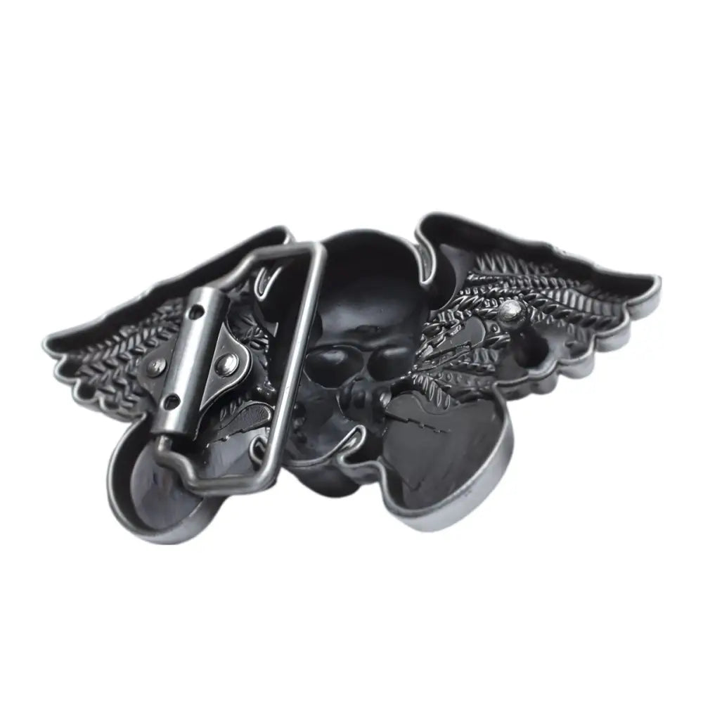 Silver Skull and Wings Belt Buckle with Guitars as a Statement Piece for Rock Music Fans