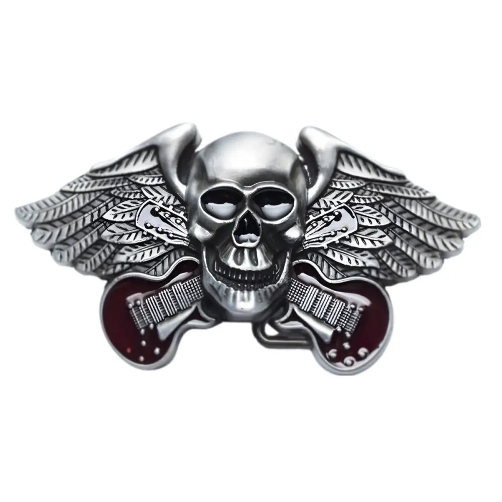 Silver Skull and Guitar Belt Buckle with Wings as a Statement Piece for Rock Music Fans