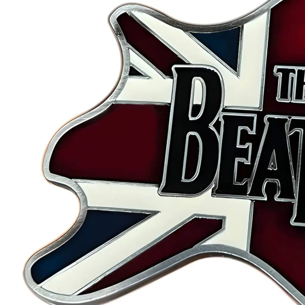Guitar-shaped Beatles pin with Union Jack design for British chords fans and chords belt buckle