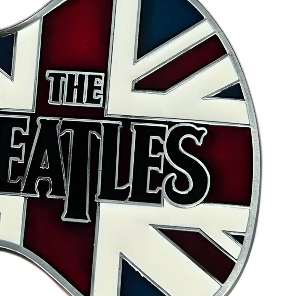 Guitar-shaped Beatles pin with Union Jack design featuring British chords belt emblem