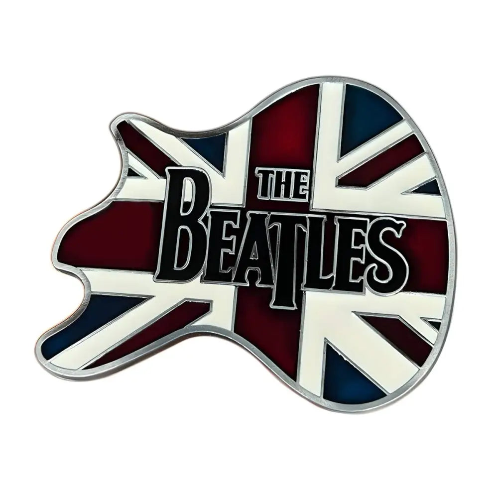 Guitar-shaped Beatles pin with Union Jack design for British Chords fans, ideal for chords belt buckle