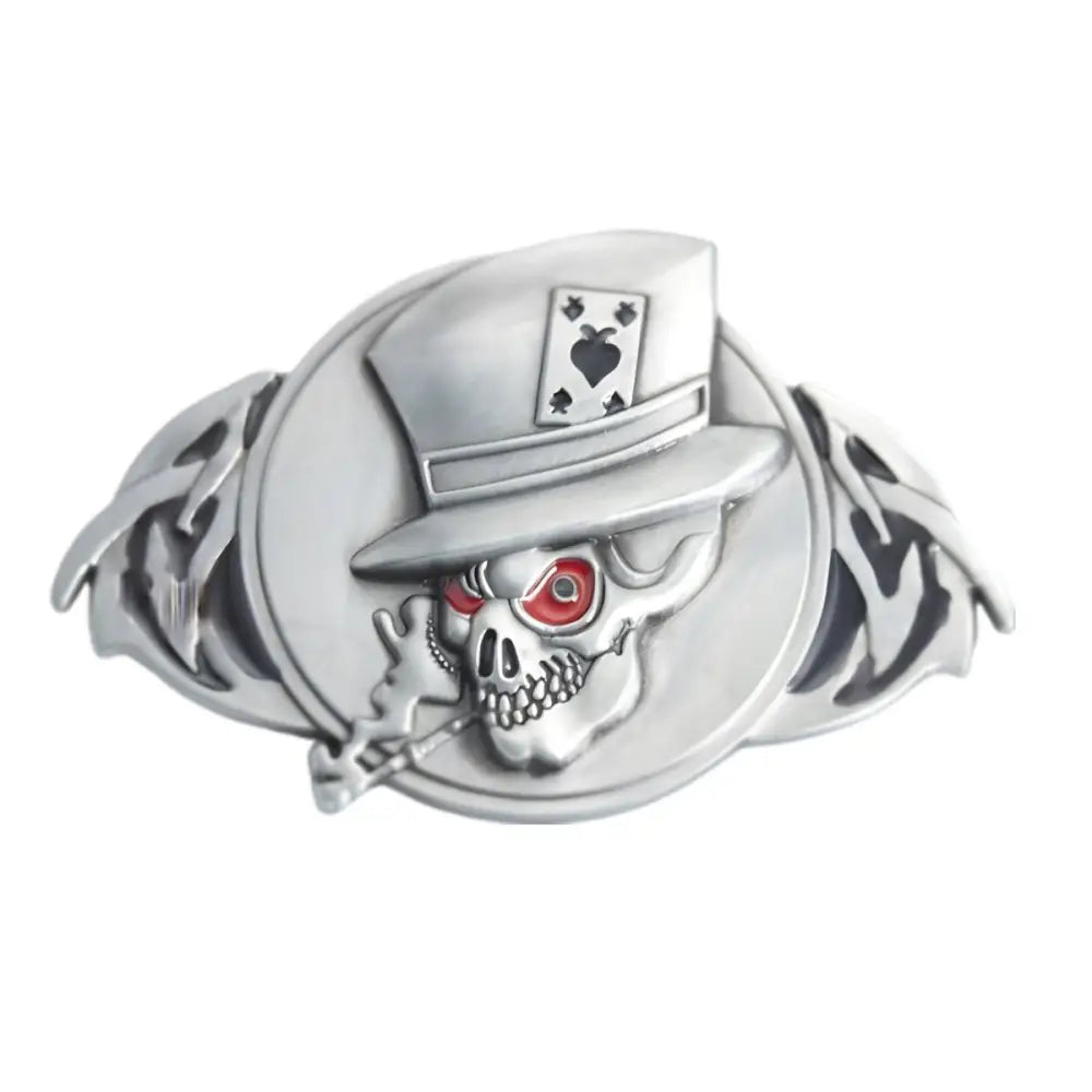 Silver skull belt buckle with top hat and playing card design, fashionable accessory