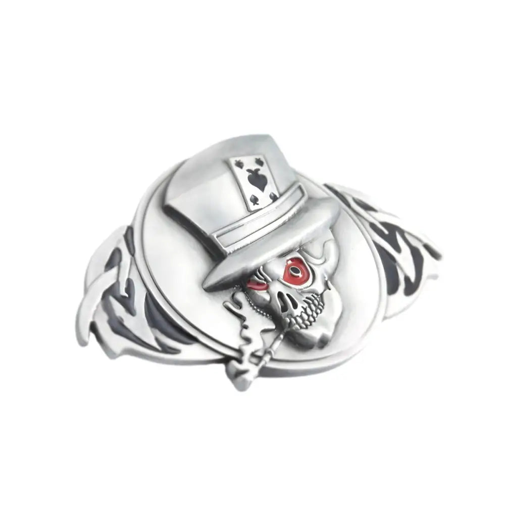 Silver skull belt buckle with top hat and playing card design for stylish accessories