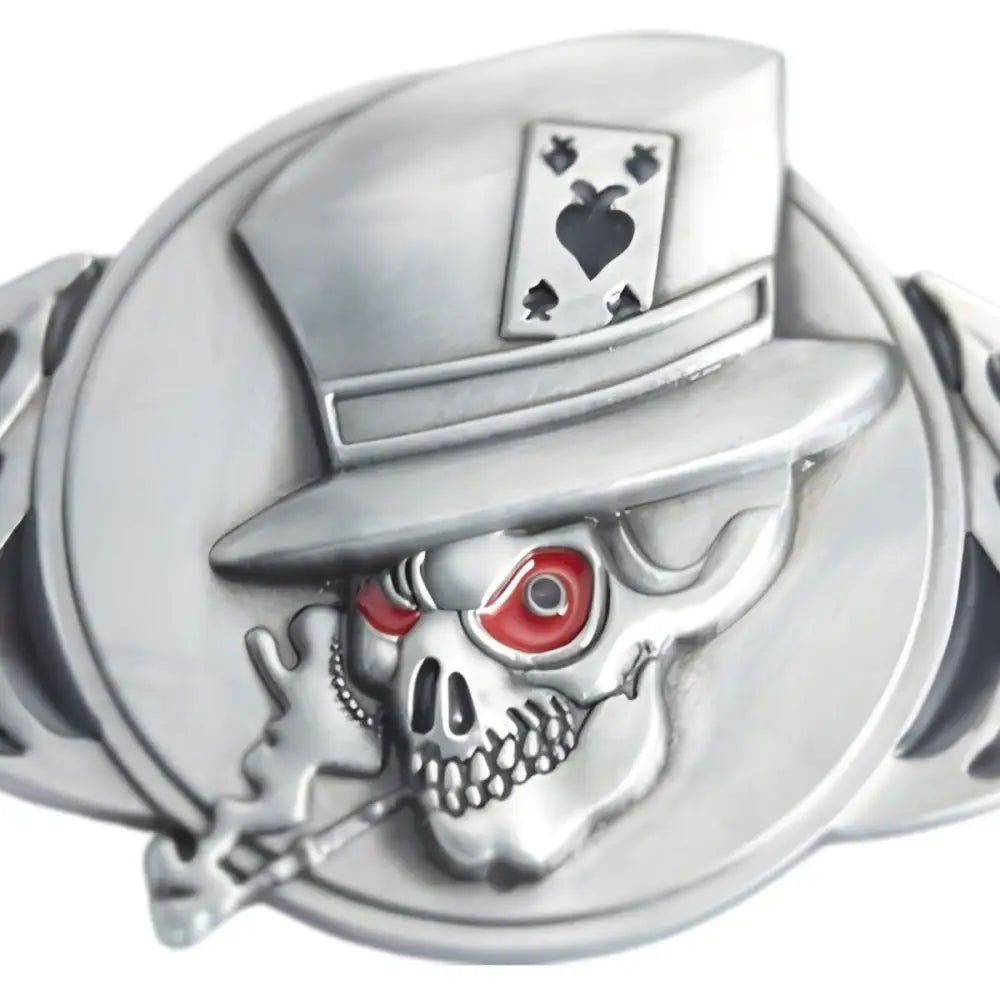 Silver skull belt buckle with top hat and playing card design for stylish accessories