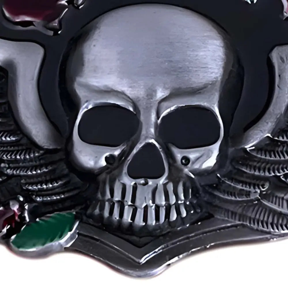Gothic style silver skull with wings and roses belt buckle for a bold accessory look