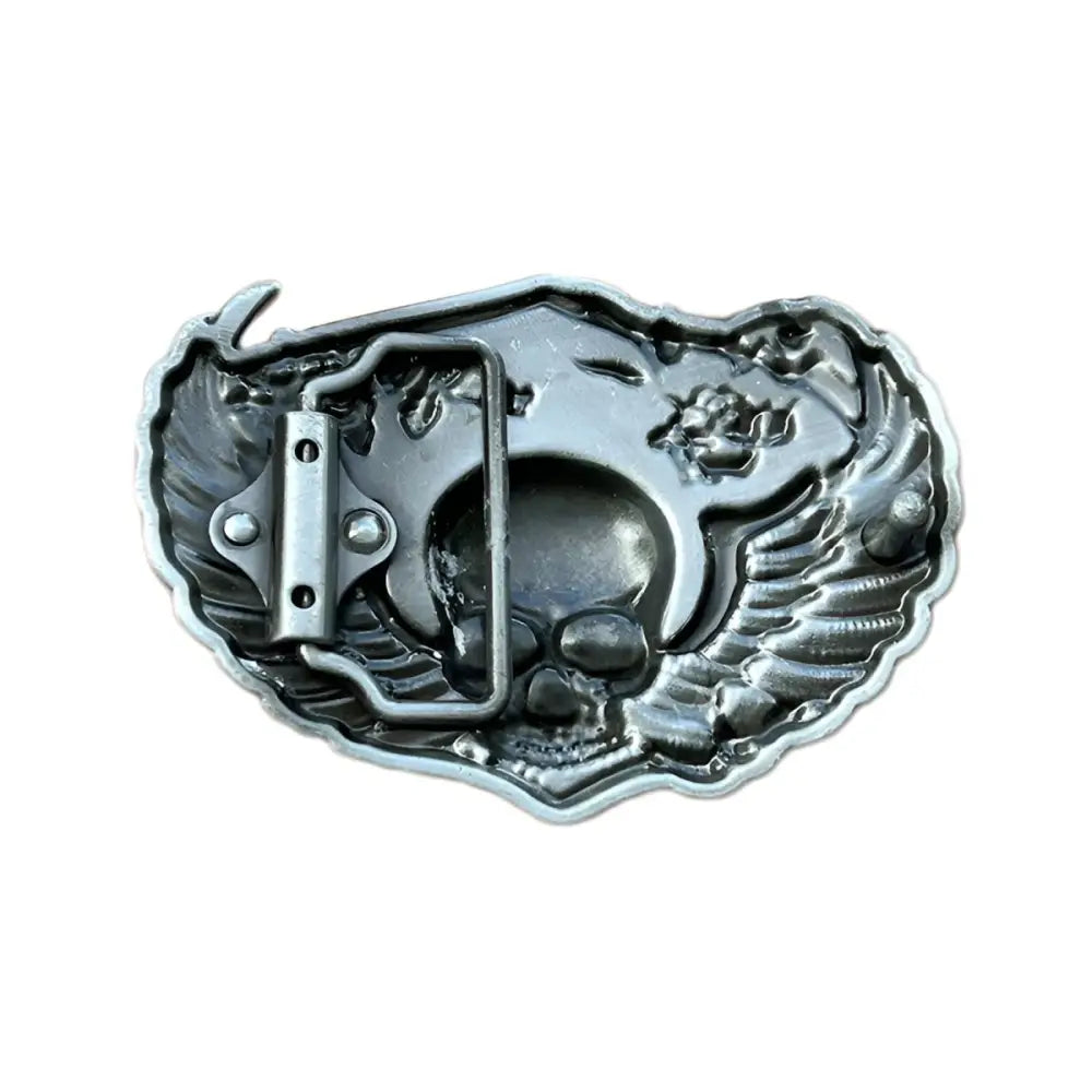 Gothic style silver skull with wings and roses belt buckle for leather accessories