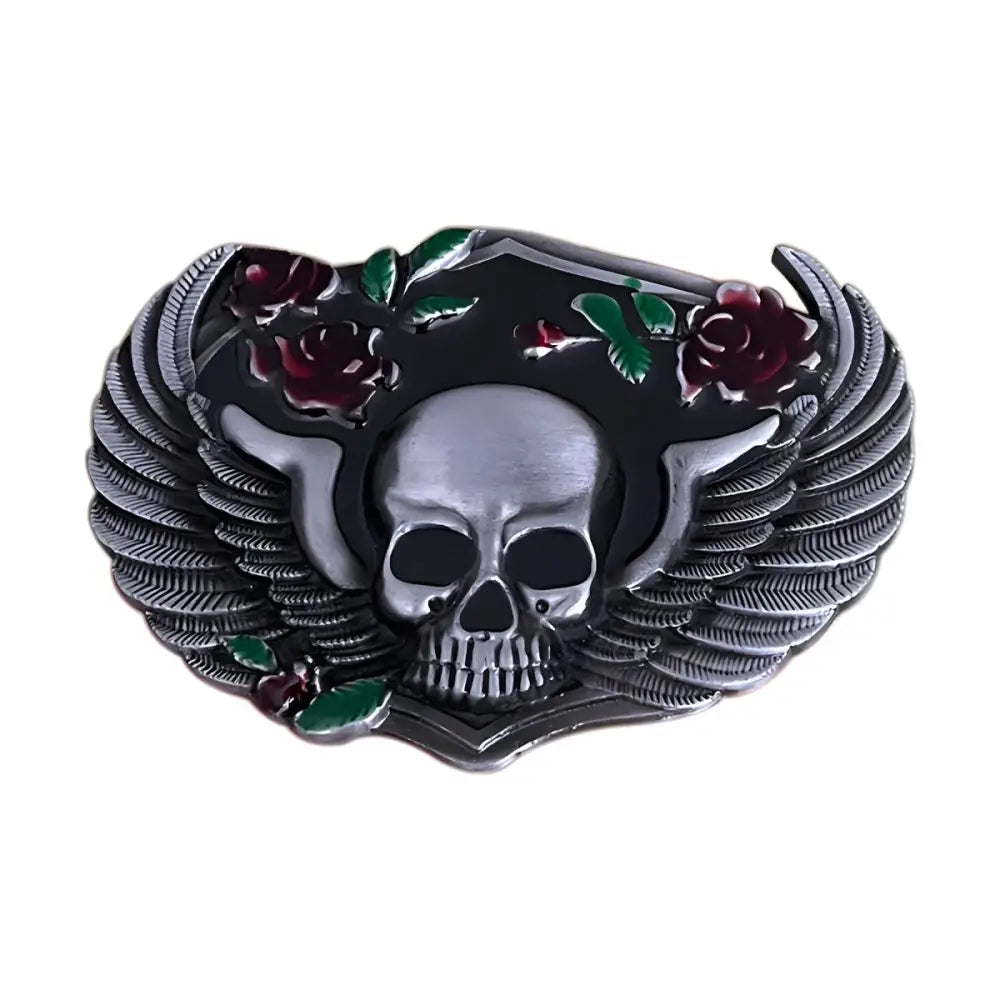 Gothic style silver skull with wings and roses belt buckle for rugged fashion