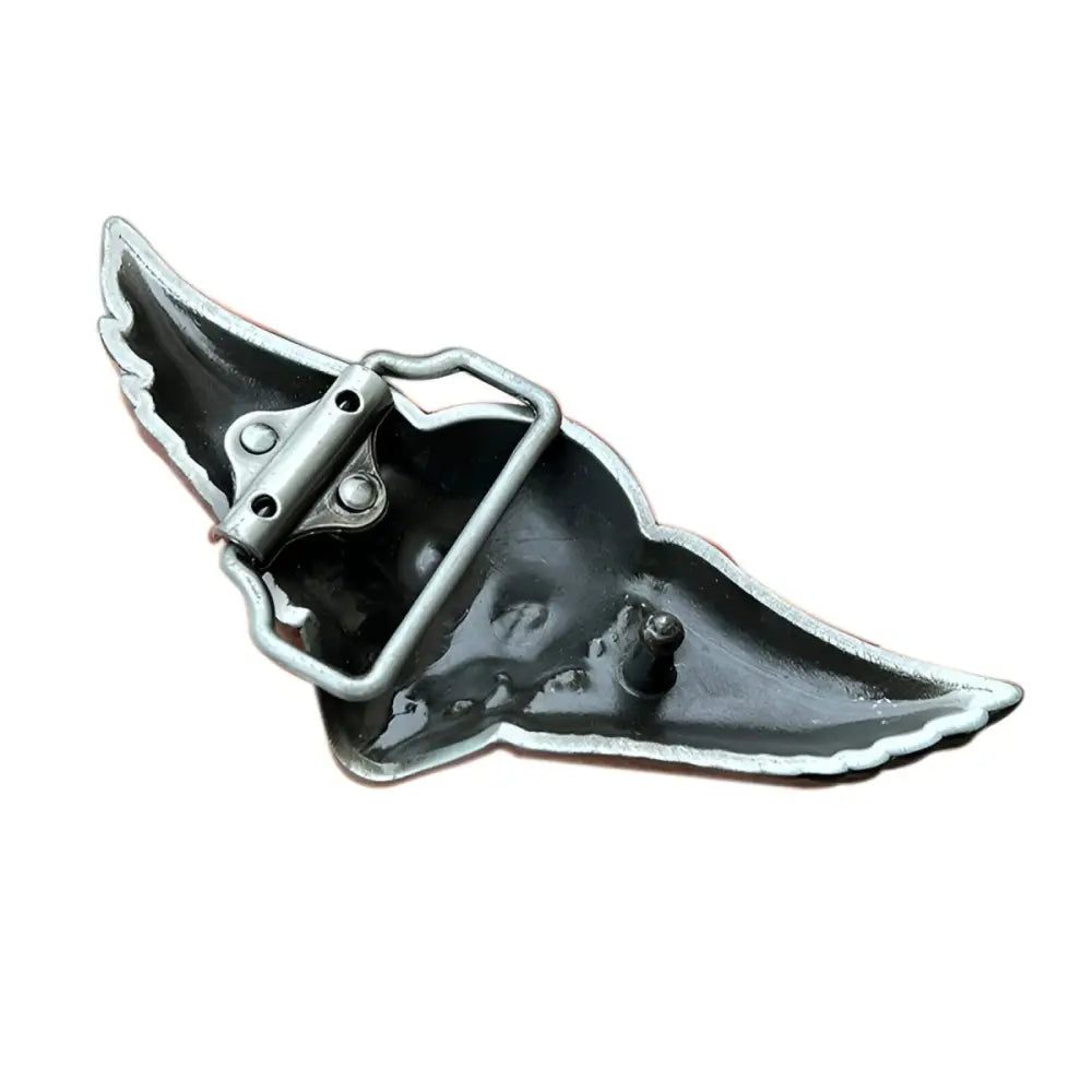 Silver Skull Belt Buckle with Wings and Red Eyes featuring a detailed winged belt buckle design