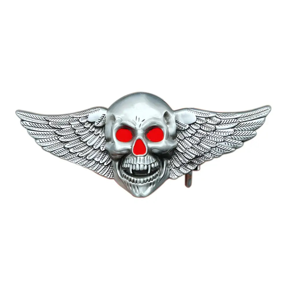 Silver Skull Belt Buckle with Wings and Red Eyes, Gothic Metallic Accessory