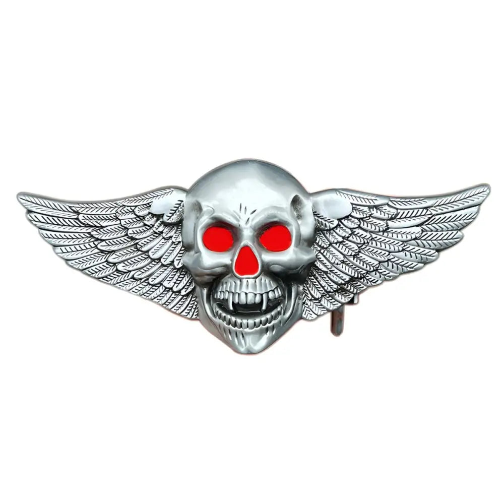 Silver skull belt buckle with wings and red eyes for edgy fashion accessories