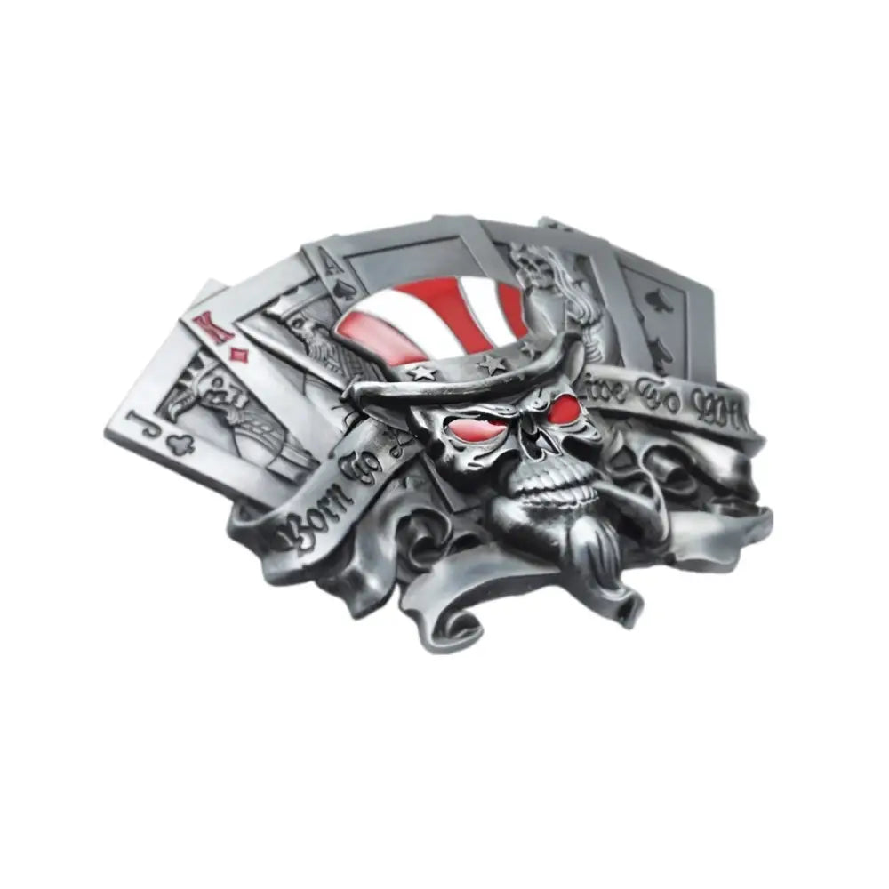 American skull belt buckle featuring a skull and playing cards with patriotic hat