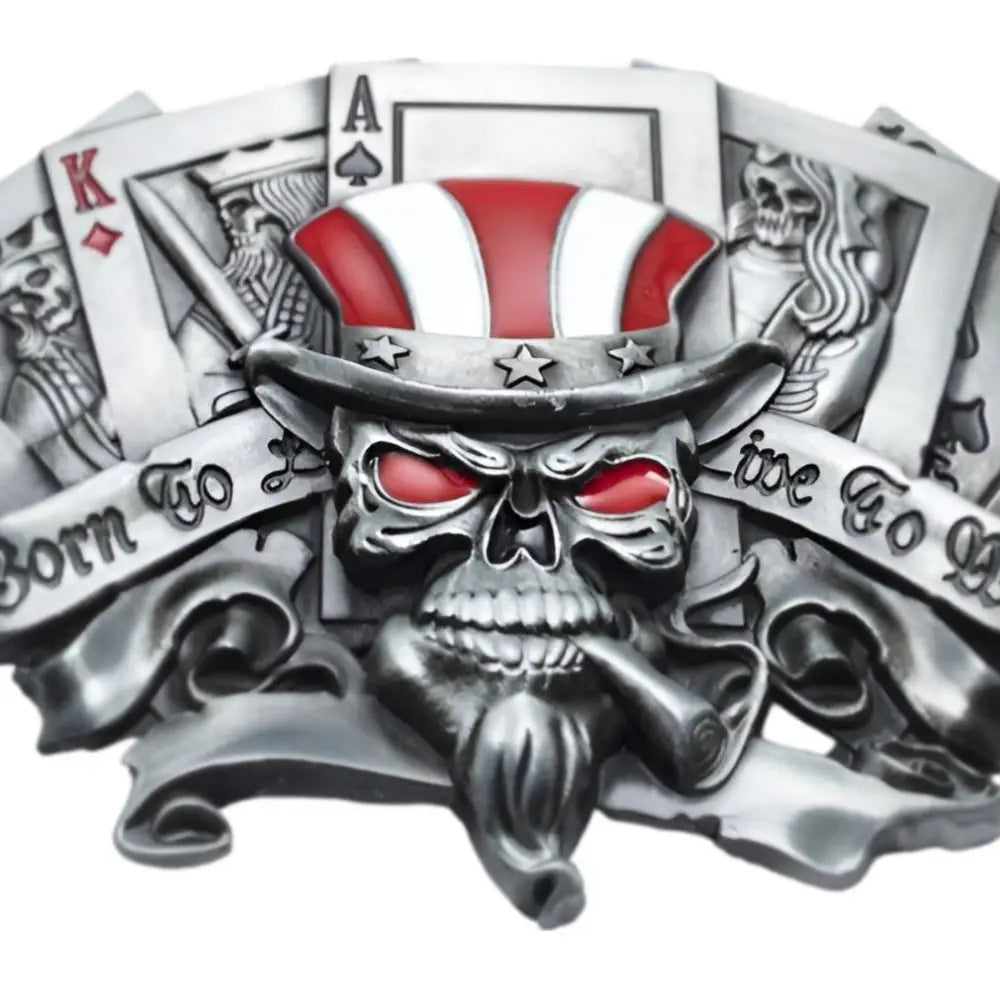 American skull belt buckle featuring a patriotic hat and playing cards design