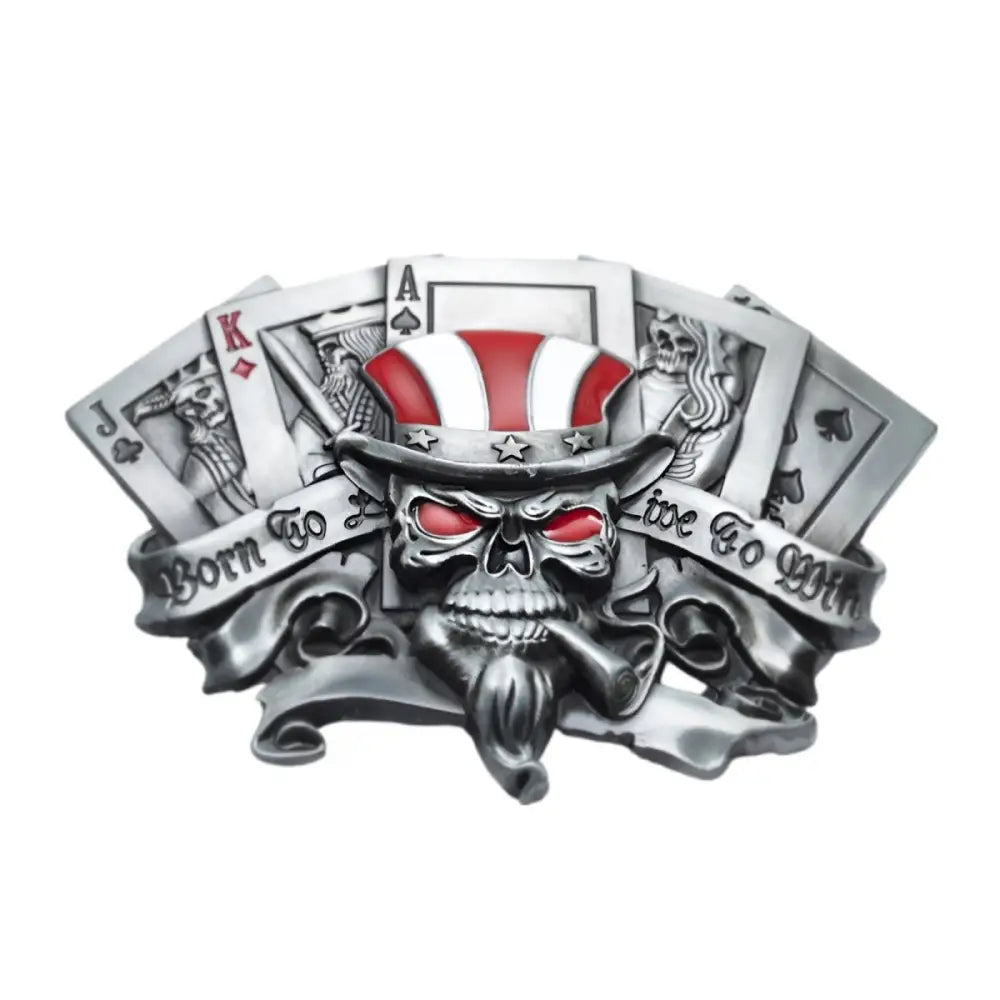 American Skull belt buckle featuring a skull, patriotic hat, and playing cards design