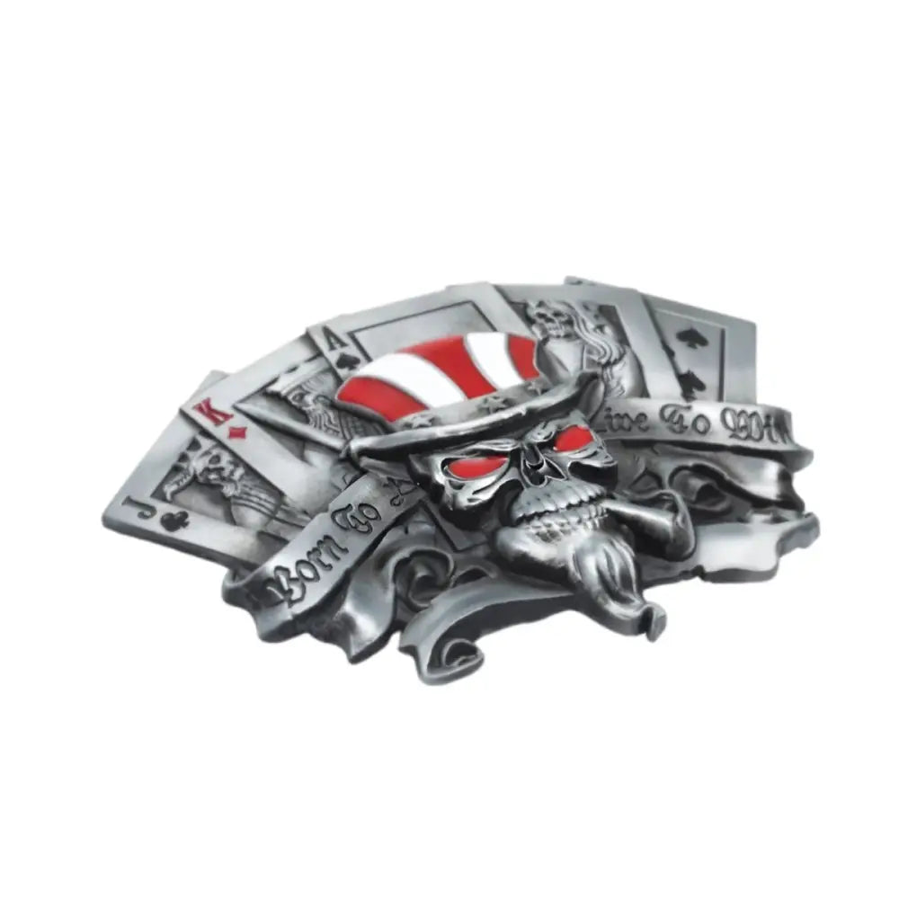 Silver skull belt buckle with playing cards, American skull design for patriotic style