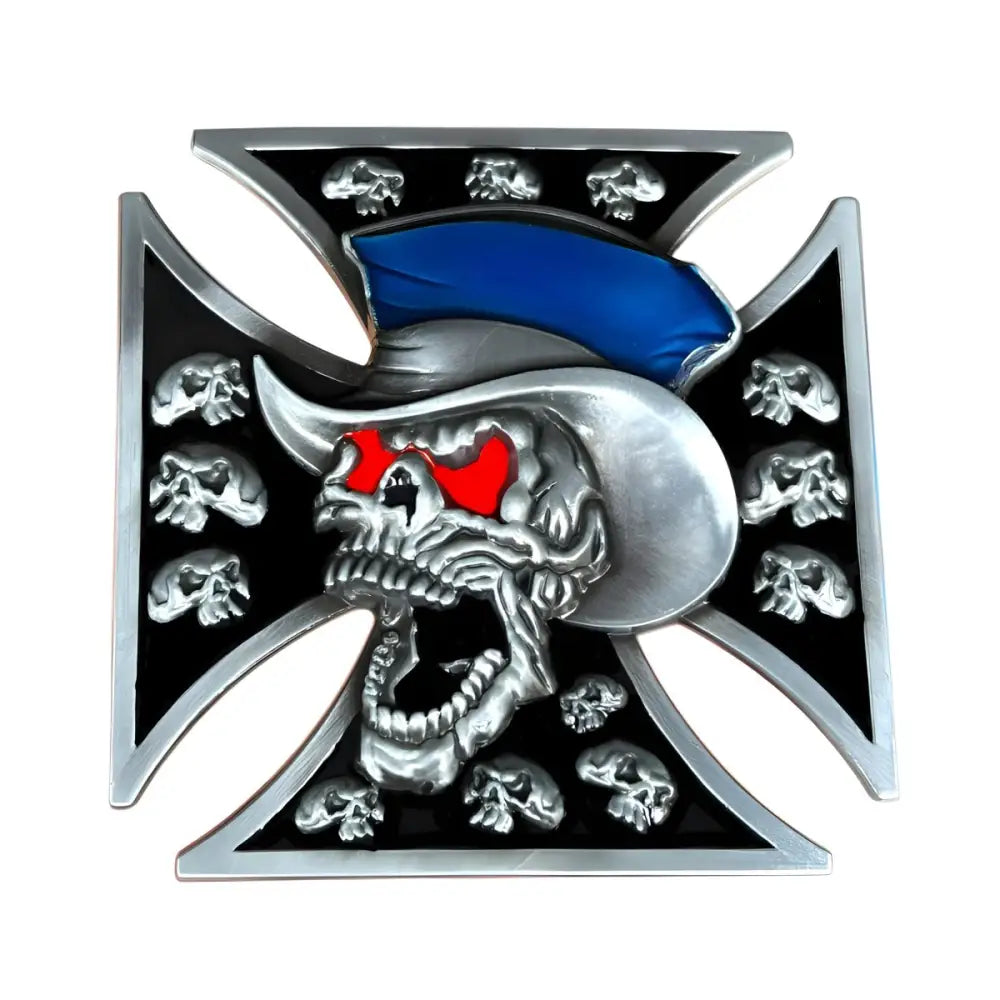 Skull-themed Maltese cross belt buckle as a distinctive accessory for Western fashion