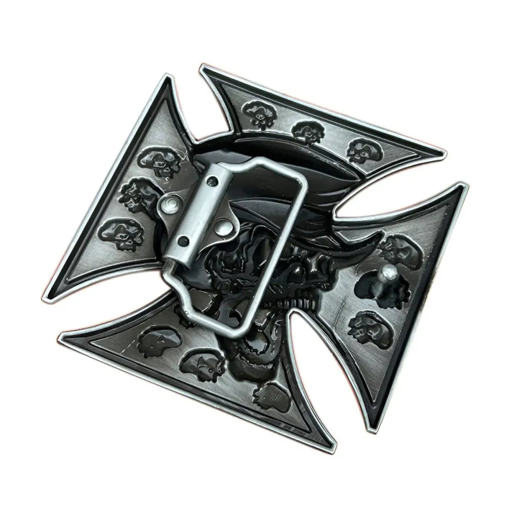 Skull-themed Maltese cross belt buckle as a distinctive accessory for Western fashion