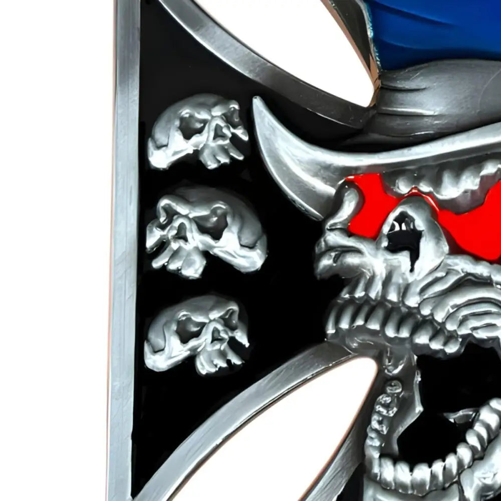 Skull-themed decorative belt buckle featuring a skull with cowboy hat as a distinctive accessory