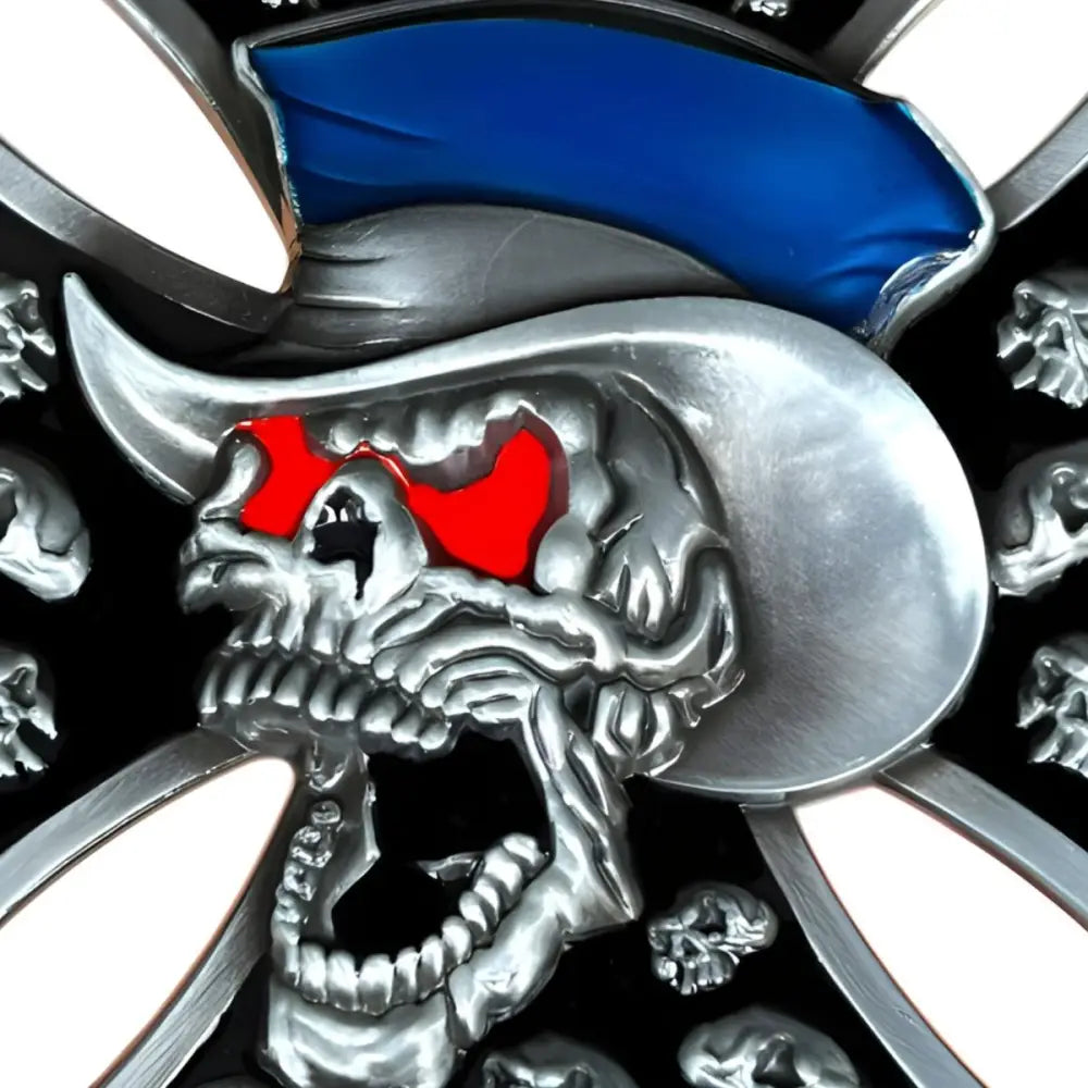Skull wearing cowboy hat belt buckle with red eyes as a distinctive accessory