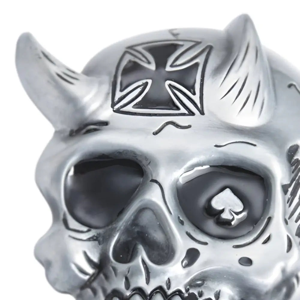 Silver skull head buckle with horns and spade eye design for stylish head buckles