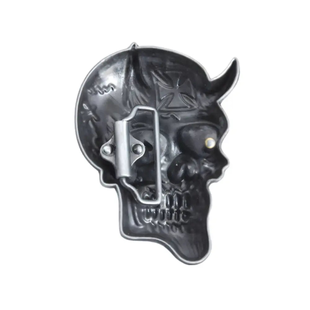 Silver Skull Head Buckle with Horns and Spade Eye Design for a distinctive skull head buckle style