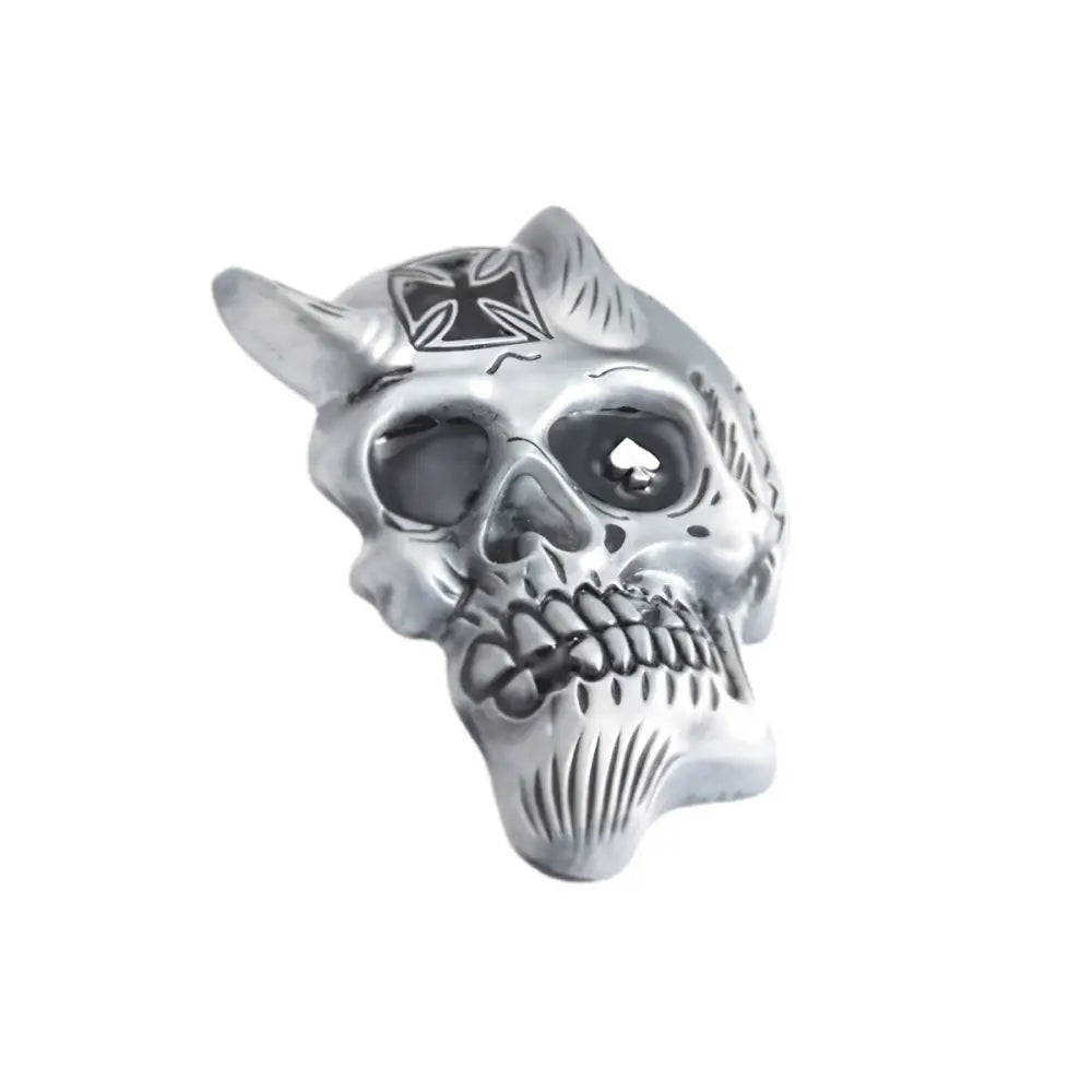 Silver skull head buckle with horns and cross design for edgy fashion accessories