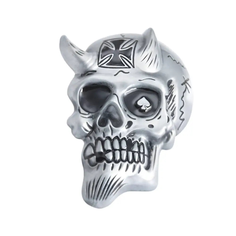 Silver skull head buckle with horns and spade eye design from Ray Model