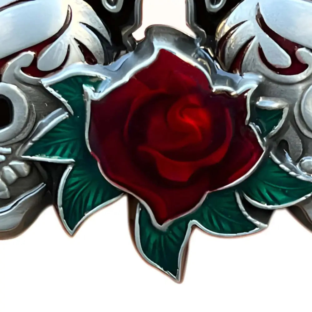 Silver skull and rose belt buckle for stylish accessories featuring a unique design